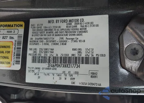 2019 Ford Fusion Se z USA, uszkodzony, nr VIN 3FA6P0H7XKR217734